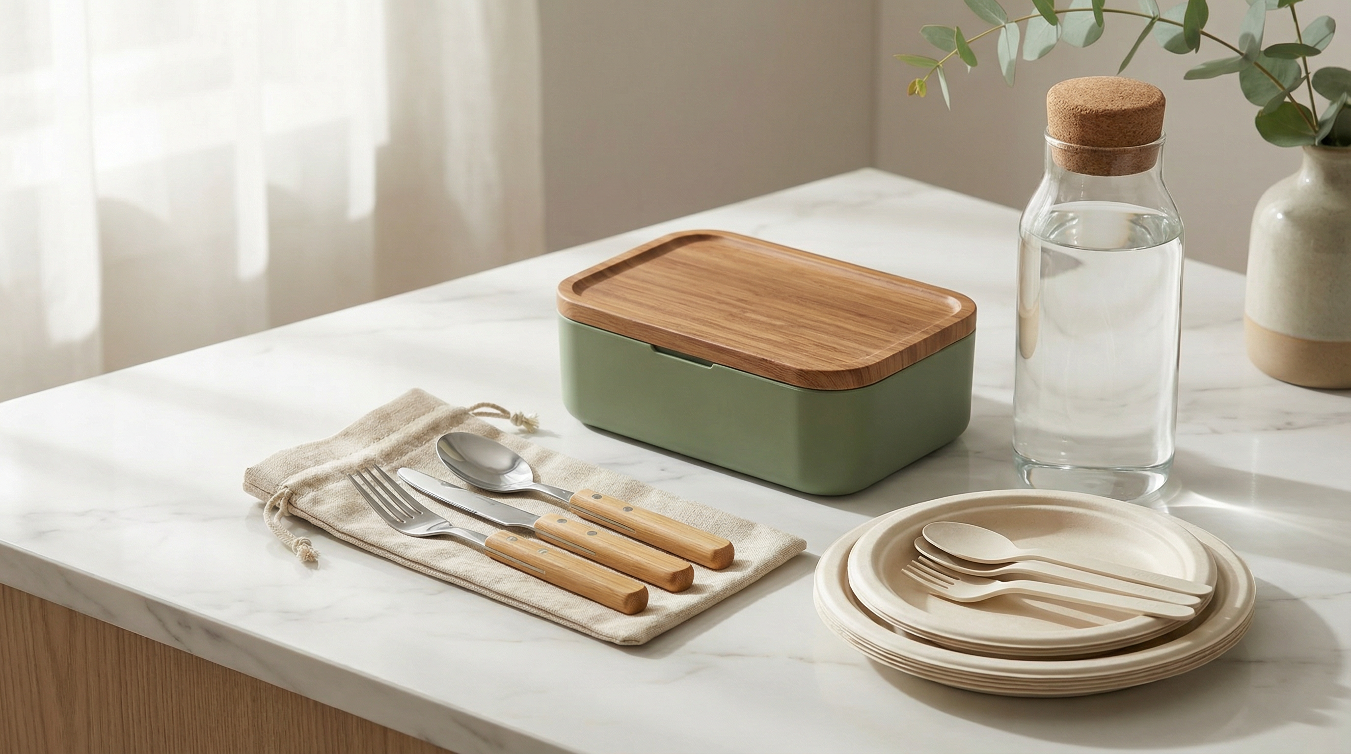 環保餐具產品展示:不鏽鋼餐具套裝、竹纖維餐盒與可堆肥餐具